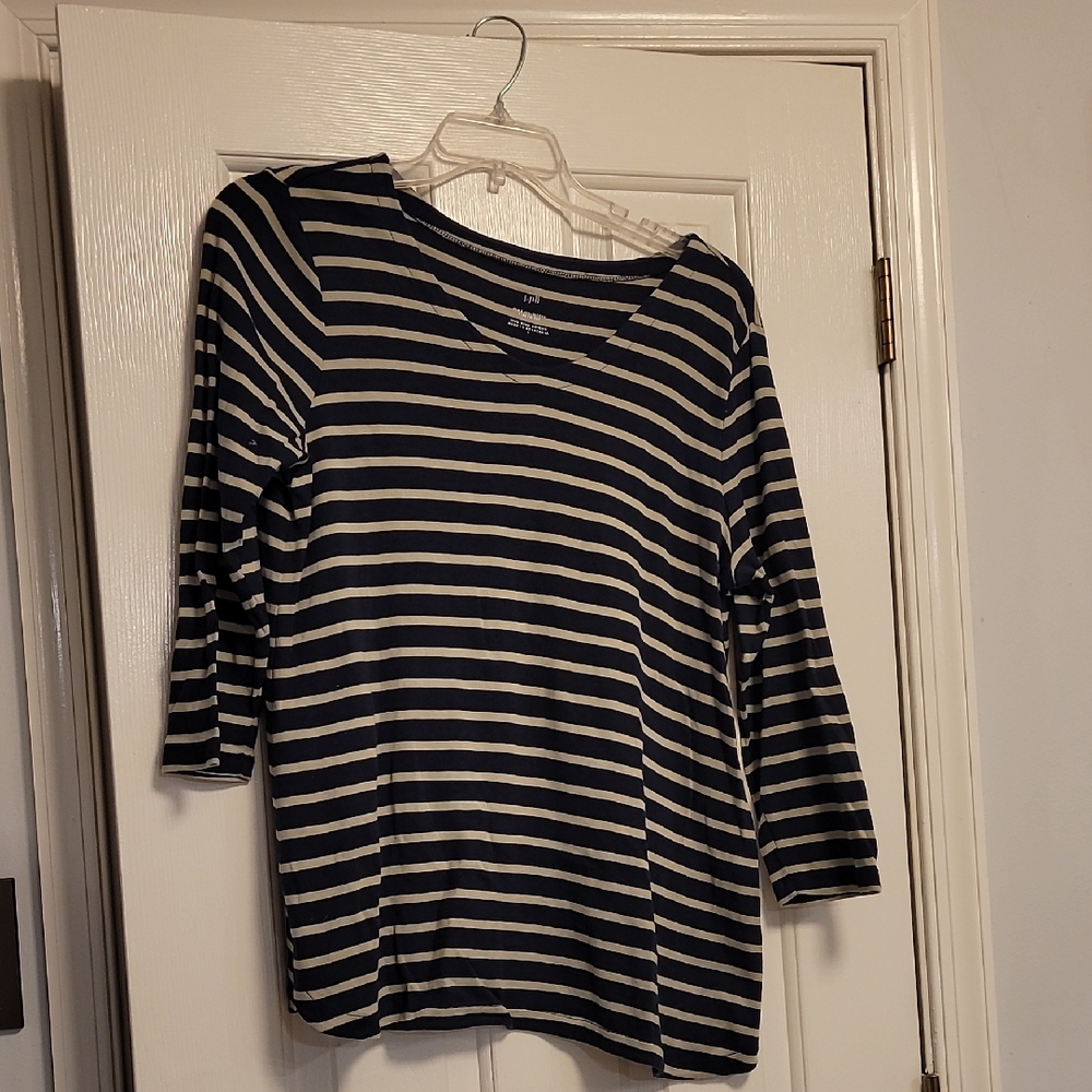 J. Jill Navy and Sage Green Striped 3/4 Sleeve Top 100% Pima Cotton Like NEW